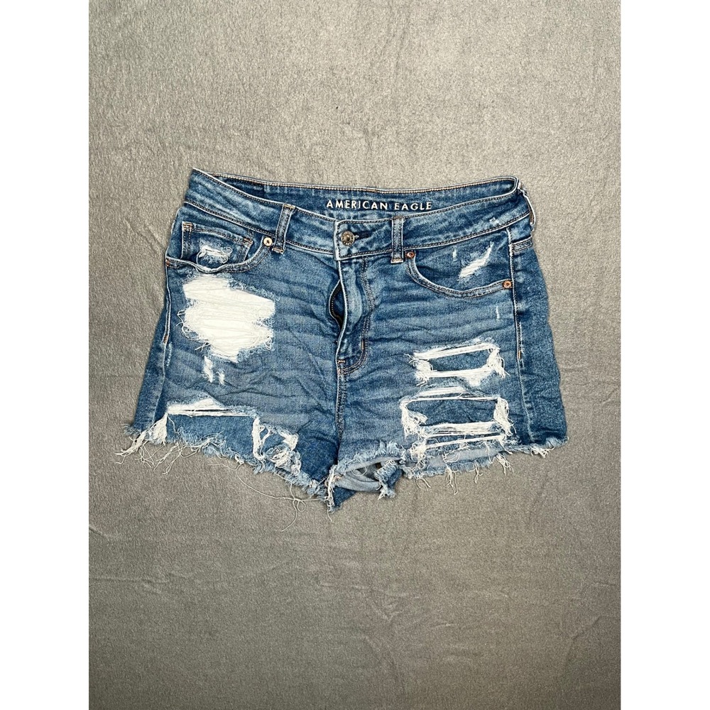 American Eagle Mom Short Womens 10 Blue Distressed‎ Denim High Rise Frayed Hem